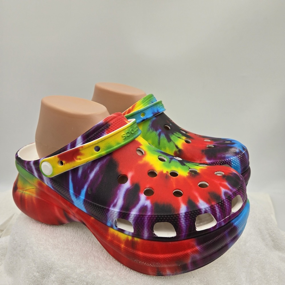 Crocs Classic Bae Platform Clog Womens Size 11 Rainbow Tie Dye Graphic Collab